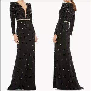 Mac Duggal Black Crystal Detail Long Sleeve Column Gown